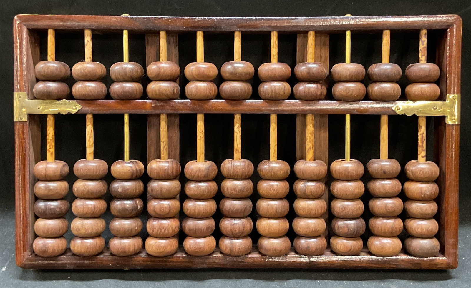 Antique Chinese Carved Wood & Brass Abacus: Antique Chinese abacus. Carved wood with brass accents. Measures approx 7 x 12.5 x 1. Some wear including scratching. Abacus, antique abacus, Chinese abacus, wood abacus, collectibles, antiques, home 