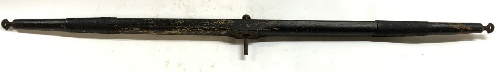 Vintage Wood & Metal Oxen Yoke Black 43in: Oxen yoke is wooden and metal. Piece is black toned. Oxen yoke appears to be vintage possibly antique. Measures approximately 43 inches long 4 inches tall in center. Yoke, oxen yoke, vintage oxen yoke