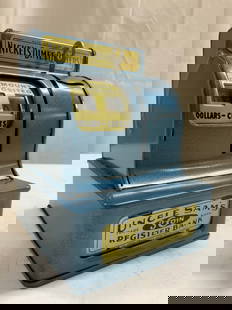 UNCLE SAMS Vtg 3 Coin Toy Cash Register Bnk w Bx: Piece reads UNCLE SAMS 3 COIN REGISTER BANK. Toy cash register bank is light blue with gold and black toned plaques & lettering. Piece includes original box. Measures approx 6.25 inches tall 4.5 inche