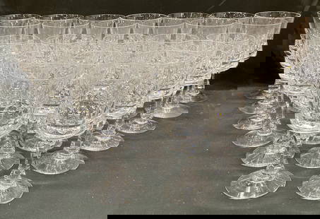 Set 27 Kosta Boda Crystal Prince Wine Glasses: Set of 27 pieces Kosta Boda crystal wine glasses in Prince pattern. Cut crystal with faceted bowls and tapered stems. Signature etched on undersides. Glasses in two sizes. 13 glasses measures approx 3