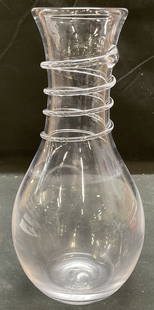 Simon Pearce Art Glass Wellesley Carafe: Simon Pearce hand blown art glass carafe. Wellesley pattern. Rounded base with swirl thread around neck. Signed on base. Measures approx 4.5 x 10 inches. Thick walled glass, piece has weight. Some scr