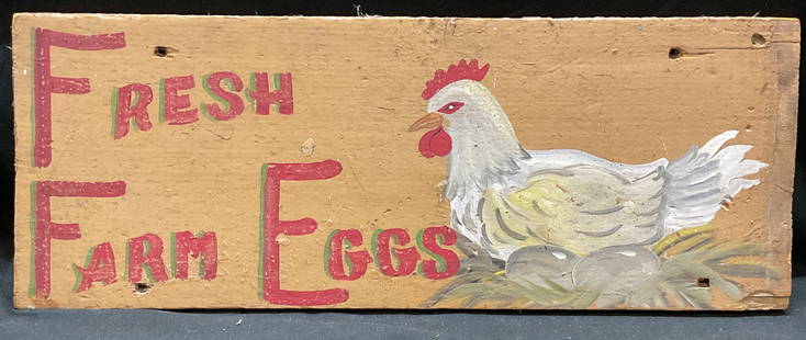 Hand Painted Farm Fresh Eggs Chicken Wood Sign: Vintage hand painted sign on wood board. Farm Fresh Eggs, chicken sitting on eggs in nest. Board measures approx 7.75 x 20.5 inches. Some wear including loss to paint. Art, sign, wood sign, farm sign,