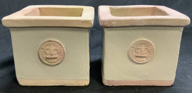 CORNWALL KEW GARDEN Pr Ceramic Herb Pots: Undersides are inscribed ROYAL BOTANIC GARDENS KEW. Lot includes 2 herb pots. Each have square form and are ceramic. Areas have cream toned glazed finish. Outer rim has lip. Each planter measures appr