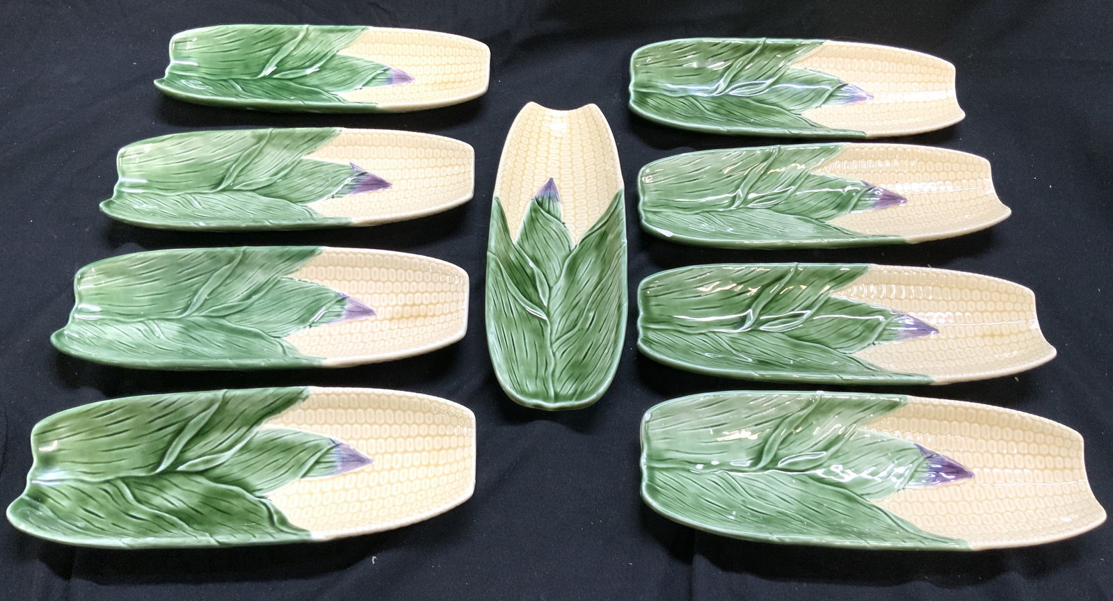 Set 9 Vtg Majolica Ceramic Corn On The Cob Dishes (1 of 9)