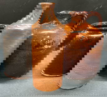 Lot 3 Antique J Bourne Stoneware Bottle +More: Lot of 3 antique stoneware bottle, jug, and crock. Brown glazed bottle stamped J Bourne & Son, Denby Pottery, R & J Arnold, London. Dark brown glazed crock, and medium brown glazed jug. Sizes vary. Bo
