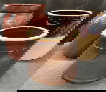 Lot 3 Antique N Clark Jr Stoneware Crock +More: Lot of 3 antique brown stoneware crocks. Largest crock stamped N Clark Jr. All crocks hand painted, two solid brown and one banded brown and white. Sizes vary. All pieces have weight. Largest measures