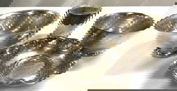 Silv Pl Lot 4 Asst Tbltop REED & BARTON & More: Lot includes 1 footed bowl inscribed WM RODGERS PAUL REVERE REPRODUCTION, 1 Scalloped glass vessel with silver plate handle and overlay, tag reads TWOS COMPANY, 1 Footed bowl marked TOWLE SILVER PLATE