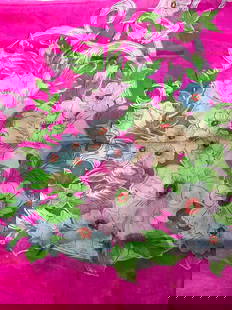 Vntg Pink Floral Bloom Print Silk Scarf: Vntg Pink Floral Bloom Print Silk Scarf Vibrant pink background adorned with large, colorful flowers in shades of pink, yellow & blue. Scarf feels like silk. Surface wear consistent to age, use & expo