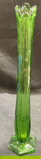 Vintage MCM Green Swung Glass Vase: Vintage mid century modern green swing glass vase with footed base and scalloped rim. Measures approx 2.5 x 12.5 inches. Some scratching observed. Vase, swung glass vase, MCM vase, Vintage vase, green