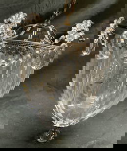 Schonbek Bagatelle Collection Light Fixture: Light fixture appears to be From the SCHONBEK BAGATELLE COLLECTION (No apparent markings) light fixture has Scalloped glass structure with spherical form glass at bottom. Piece has metal chain link, g