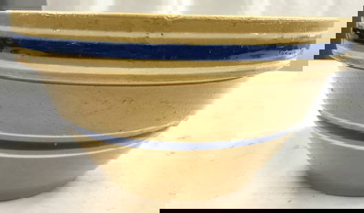 Antq Yellow Ware Handmade Ceramic Bowl: Bowl is antique and ceramic. Piece appears to be handmade. Antique ceramic Yellow Ware bowl with white and blue toned stripe detail. Vessel measures approximately 9.5 inches wide 5 inches tall. Bowl,