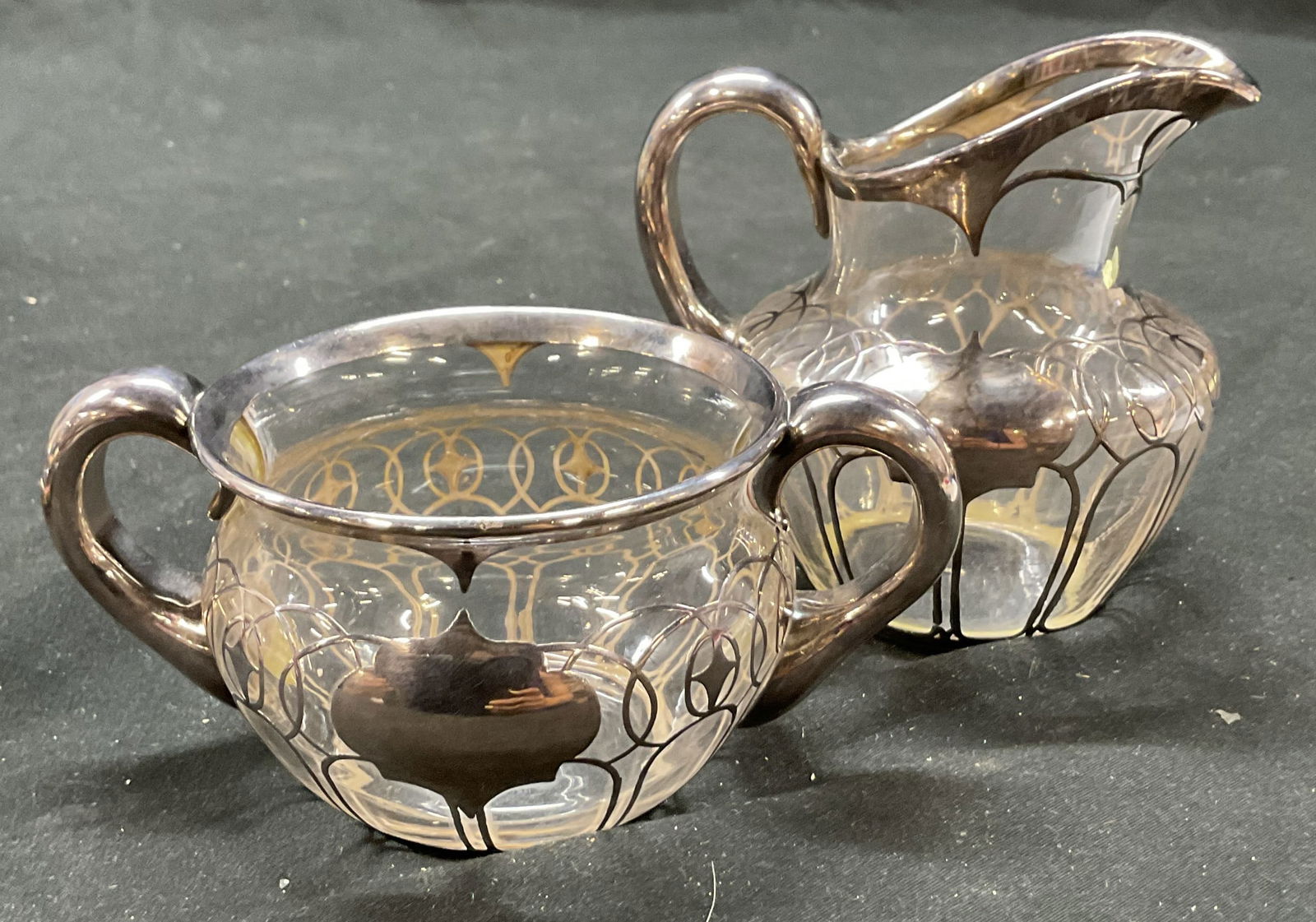 Set 2 Vtg Silver Overlay On Glass Creamer Cruet (1 of 6)