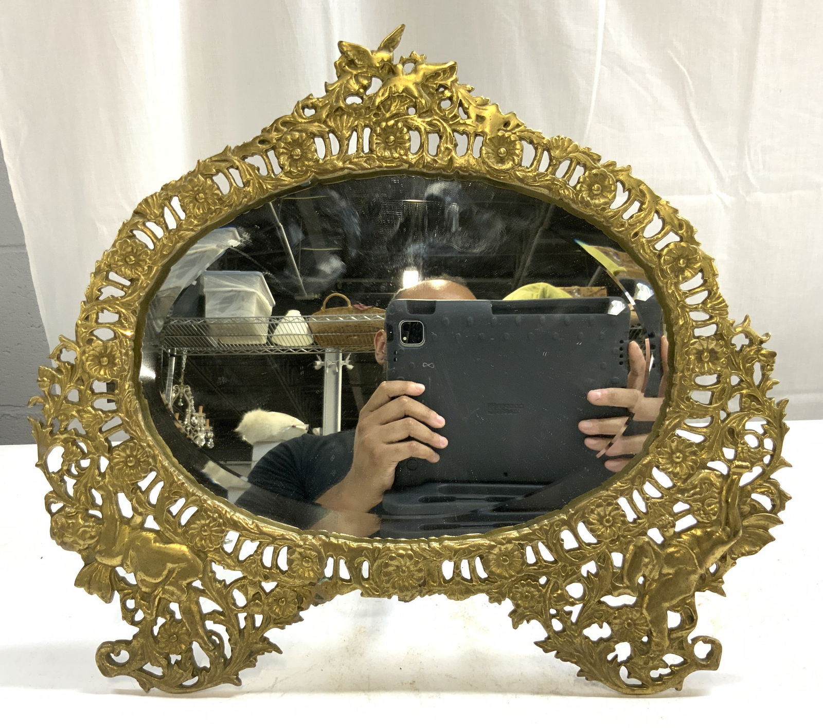 Vtg Victorian Ornate Standing Brs Tbltop Mirror (1 of 8)