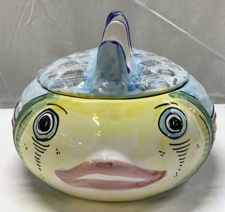 Whimsical Hand Painted Fish Cookie Jar ITALY: Whimsical Hand Painted Fish Cookie Jar ITALY Ceramic cookie jar depicting a whimsical fish shape with vibrant, multi-color hand-painted details, including a detailed face & raised fin-like elements on