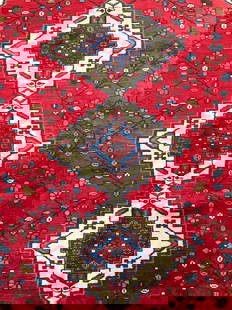 Vintage Handmade Wool Persian Ashfar Area Rug: Rug is handmade and wool. Piece appears to be Persian Ashfar. Rug has intricate multi toned geometric, floral and leaf detail. Rug has cream toned fringes at edges. Piece measures approximately 87 inc