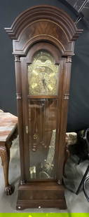 TREND Vintage Grandfather Clock, Michigan: TREND Vintage Grandfather Clock. Crafted from wood and metal materials. Obverse reads Trend and features a maritime motif. Measures approx. 78H x 13D x 23W in. Tag to interior reads TREND, ZEELAND MIC