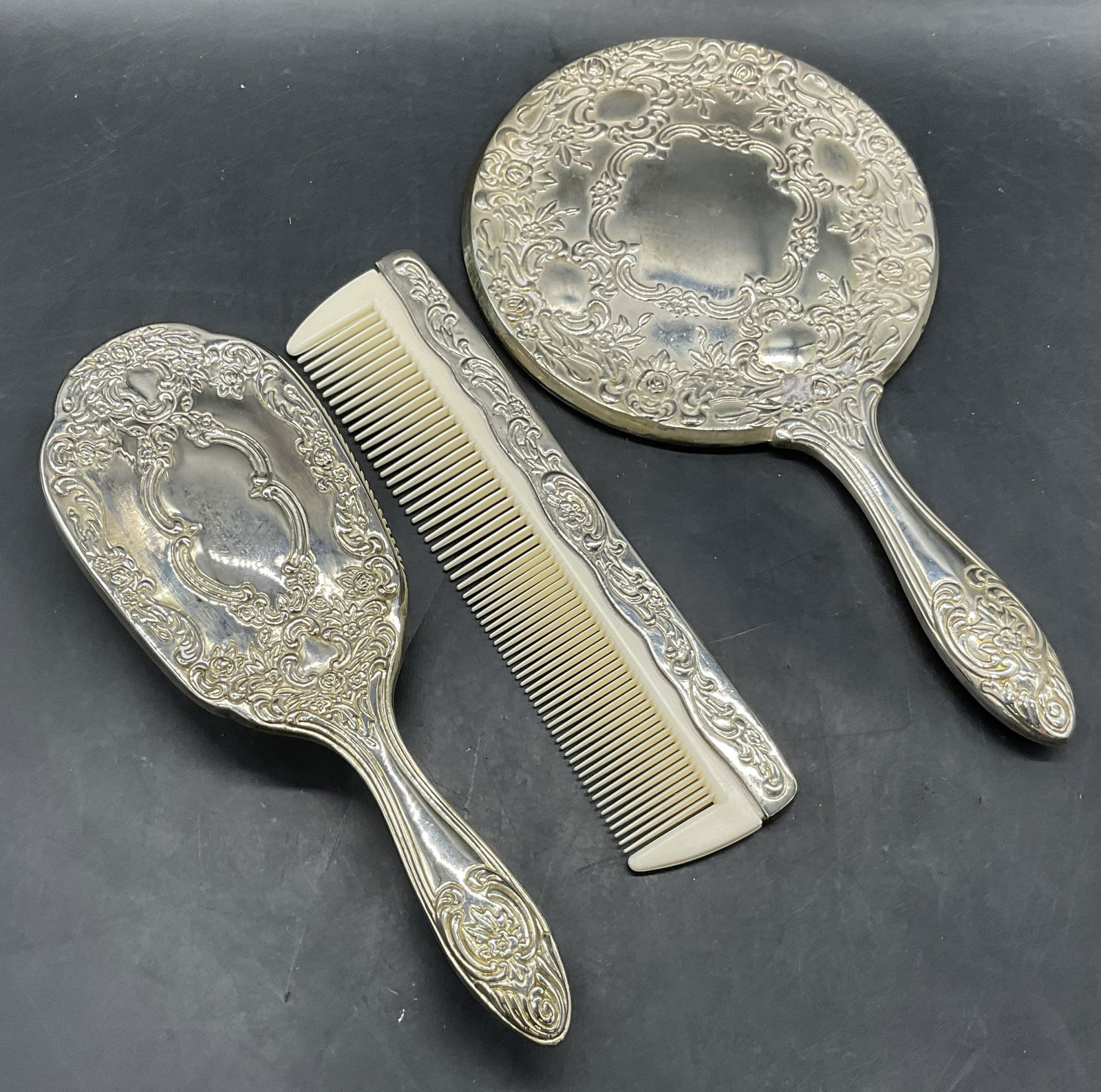 3pc Vintage Silver Plated Vanity Set, Mirror + (1 of 7)