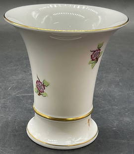 HEREND Signed Pink Floral Pattern Porcelain Vase: HEREND Signed Pink Floral Pattern Porcelain Vase. Flare to the rim. Underside signed HEREND. Pink and green florals to the design. Measures approx. 4H x 3.5W in. Discoloration, residue, pitting, and s