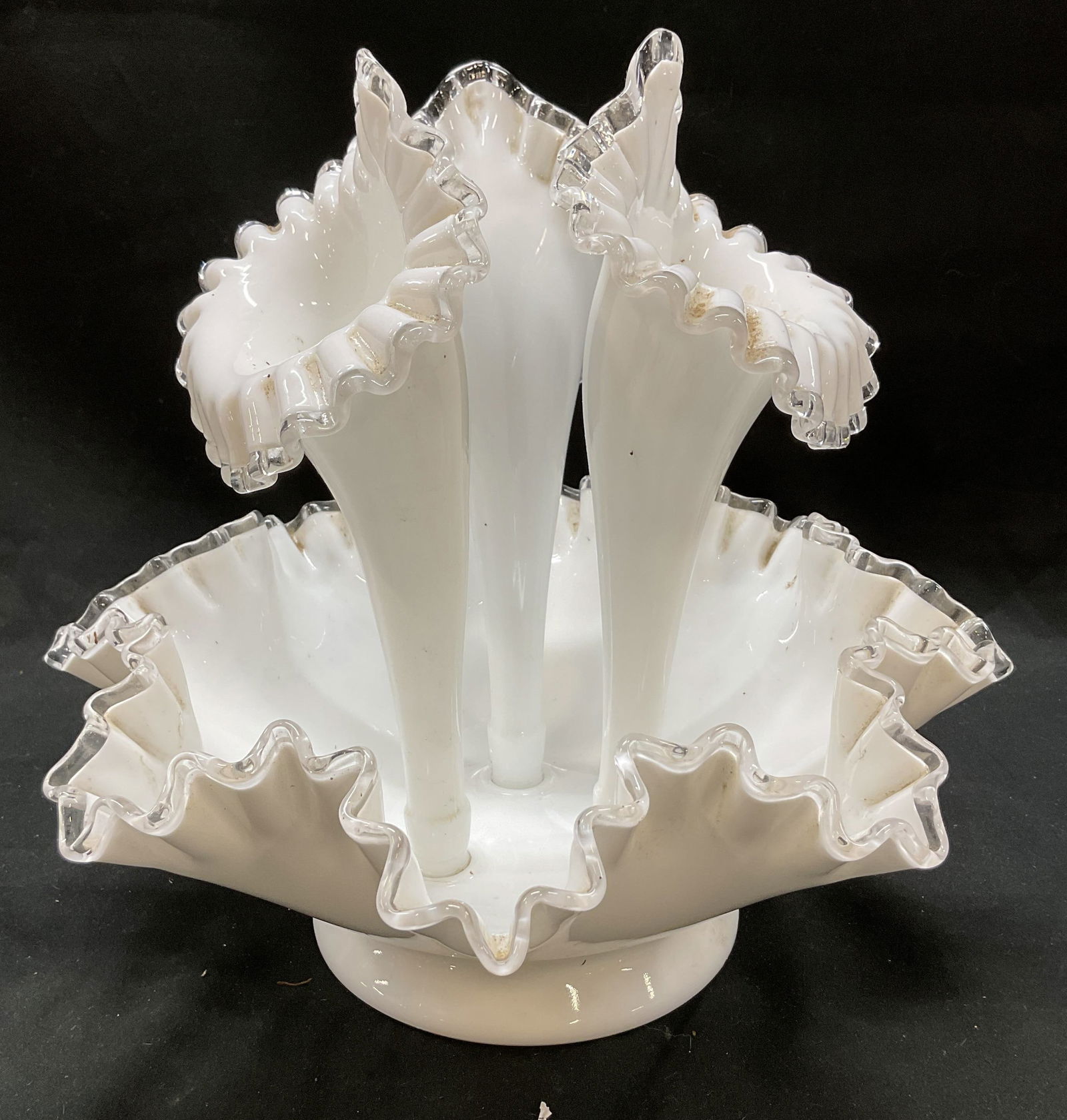 Vtg Fenton Milk Glass Silver Crest 3 Horn Epergne (1 of 8)