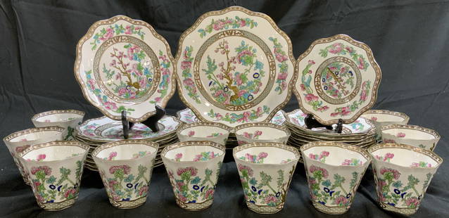 COALPORT Set 40 Bone China Set ENGLAND: Undersides of each piece are marked COALPORT MADE IN ENGLAND. Lot includes 12 teacups, 12 bowls, 10 salad plates, & 6 dinner plates. Each piece is white toned and porcelain with intricate multi toned