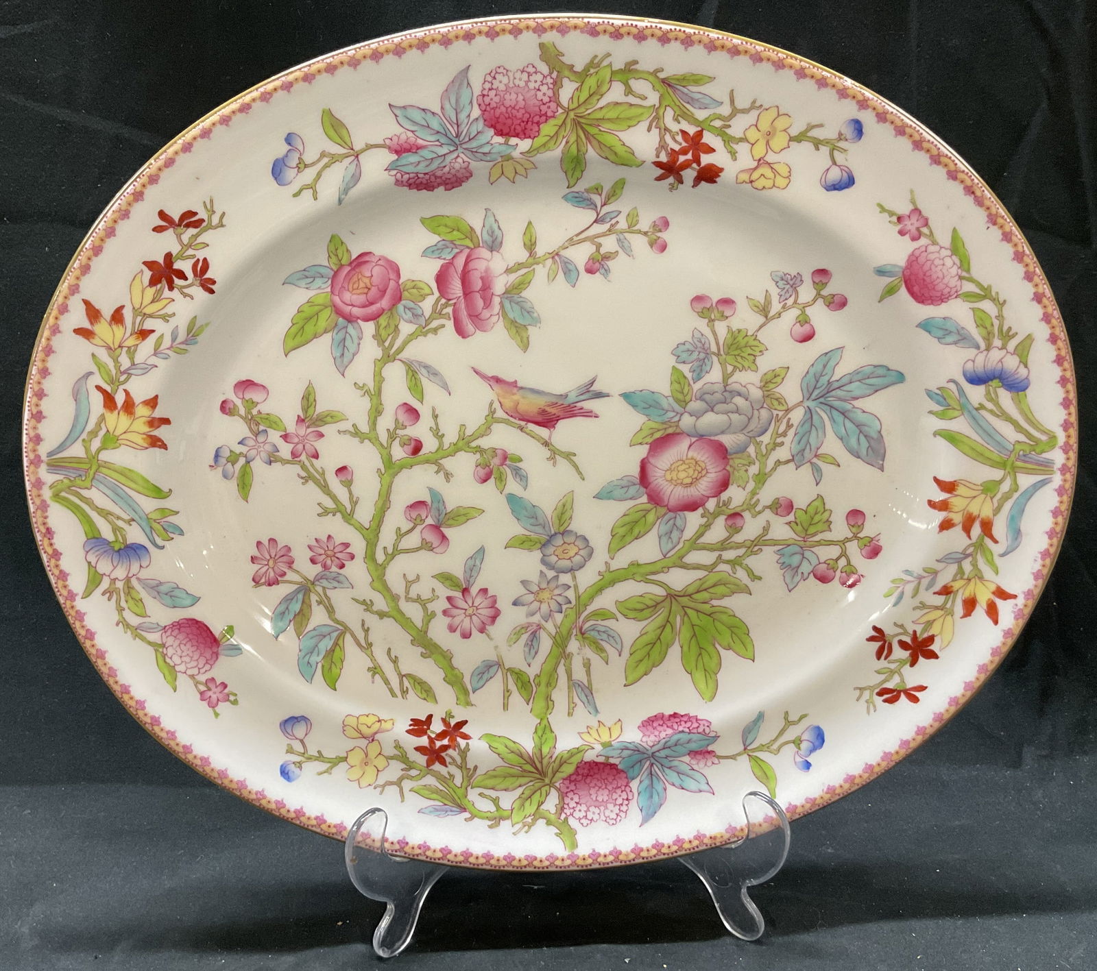 Vtg Tiffany & Co. New York Royal DOULTON Plate: Vintage Tiffany & Co. New York Royal DOULTON Dinner serving plate. Floral Songbird pattern with flowers and bird motifs. Bone china plate. Signed on underside. Crossed swords mark on underside. 15.5 x