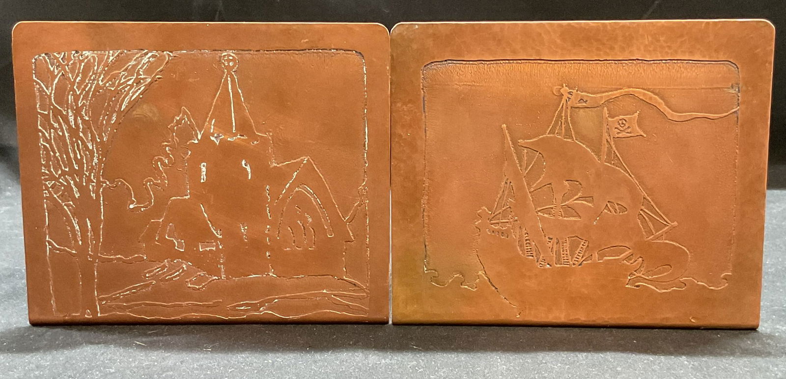 Lot 2 Vtg Copper Relief Ship & Church Bookends (1 of 8)