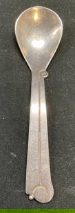 Vtg Signed Sterling Silver Spoon, Mexico: Vintage signed Sterling silver spoon. Marked sterling. Made in Mexico. Signed illegibly. Swirl pattern on handle. Measures approx 5 inches long. Total weight .90 ozt. Some scratching and patina. Silve