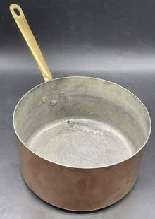 MAUVIEL FRANCE Copper Pot Saucepan W/ Brass Handle: MAUVIEL FRANCE Copper Pot Saucepan W/ Brass Handle. Silver tone interior. Side reads MAUVIEL FRANCE. Measures approx. 7.5H x 15W in. Measurement includes handle. Discoloration, residue, and surface we