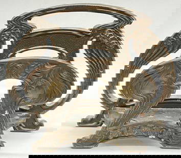 Vintage Art Nouveau Female Figural Letter Holder: Vintage Art Nouveau Female Figural Letter Holder. Crafted from metal, possibly cast iron. Motifs include women with flowing hair and florals. Measures approx. 6H x 7.75W in. Underside is marked with n