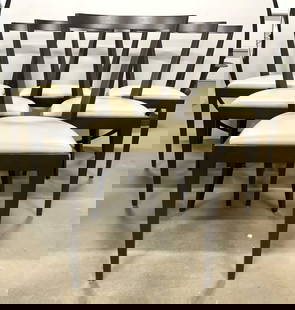 Set 6 MCM Dining Room Chrs W Cream Seats: Open back wooden dining chairs with cream toned upholstered leather seats. Each chair has brown toned wooden frame with open backrest. Lot includes 6 dining chairs. Mid century modern dining chairs. E