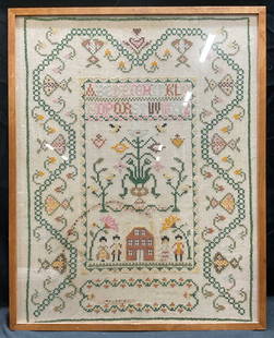 Antique Framed Cross Stitch Sampler: Antique framed cross stitch sampler. Alphabet, figural, floral, and decorative border trim. Handmade textile folk art. Wood frame. Not examined out of frame. Frame measures approx 23.5 x 18.75 inches.