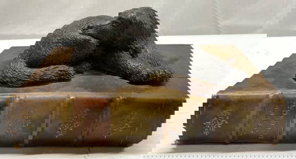 Vtg SisterDolorosa Bronze Sleeping Dog Paperweight: Vtg SisterDolorosa Bronze Sleeping Dog PaperWeightDog figurine is sleeping on a book called SISTER DOLOROSA. Dog appears to be bronze & is a paperweight. Surface wear consistent to age, use & exposure