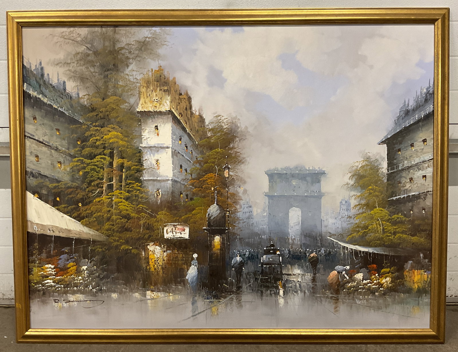 Signed Saimon Paris Street Scene Oil Painting 51in: Framed oil on canvas painting. Signed at lower left, R. Saimon. Paris street scene with view of Arc de Triumph and figures. Gilt wood frame, not examined out of frame. Frame measures approx 51 x 39 in