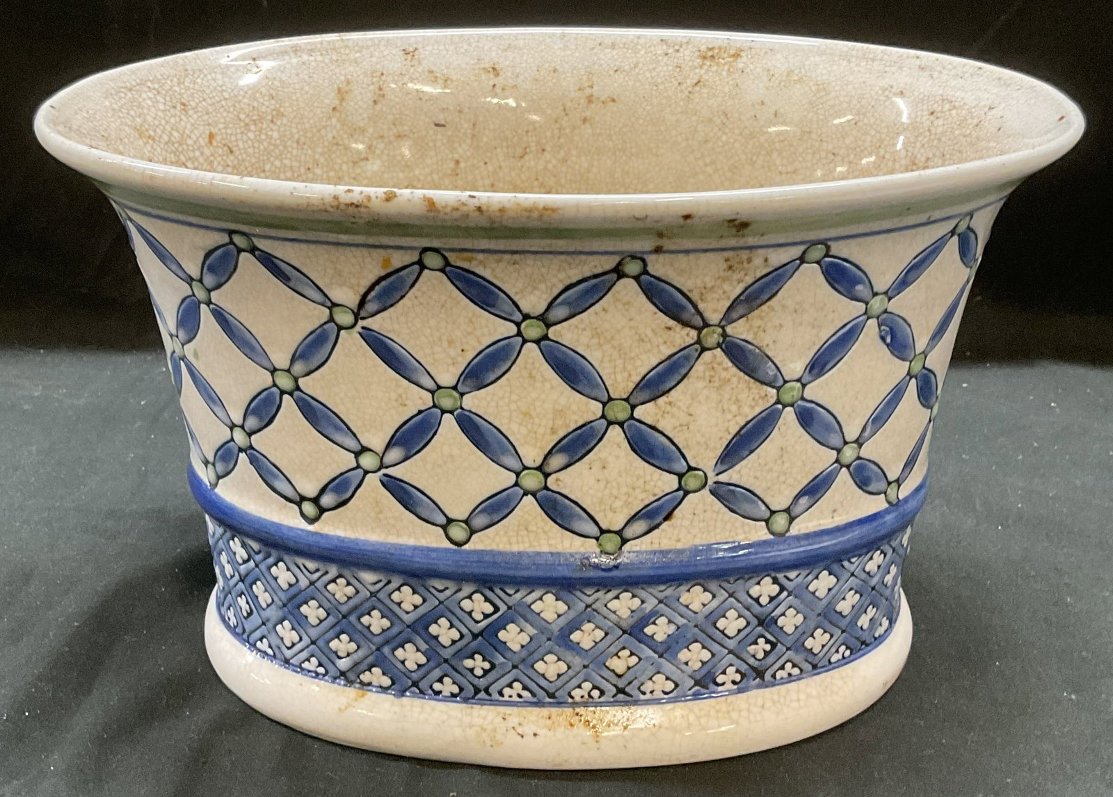 Vintage Asian Blue & White Porcelain Planter: Vintage Asian style blue and white porcelain planter with hand painted decoration and floral pattern. Measures approx 10 x 7 x 6 inches. Wear including scratching and crazing. Planter, porcelain plant