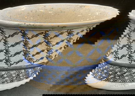 Vintage Asian Blue & White Porcelain Planter: Vintage Asian style blue and white porcelain planter with hand painted decoration and floral pattern. Measures approx 10 x 7 x 6 inches. Wear including scratching and crazing. Planter, porcelain plant