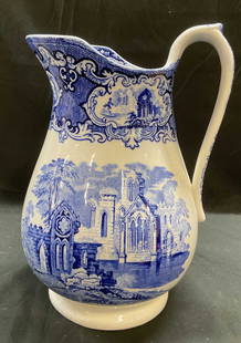 Antq George Jones Abbey 1790 Ceramic Jug: Antique George Jones and Sons ceramic Transferware jug in Abbey 1790 pattern. Blue and white. Signed. Made in England. Measures approx 9 x 11 inches. Some scratching observed. George jones and sons, a
