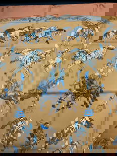 Hermes En Piste Equestrian Silk Scarf, France: Hermes En Piste scarf in orange. Designed by Robert Dallet for Hermes. Circus performer equestrian motif. Silk twill. Hand rolled edges. Made in France. Measures approx 35 x 35 inches. Some blemishes