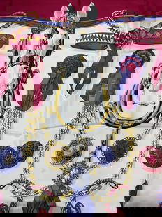 Hermes Frontaux et Cocards Silk Scarf, France: Hermes Frontaux et Cocards scarf in magenta, purple, gold, and white. Designed by Katy Latham for Hermes. Equestrian motif. Silk twill. Hand rolled edges. Made in France. Measures approx 34 x 34 inche