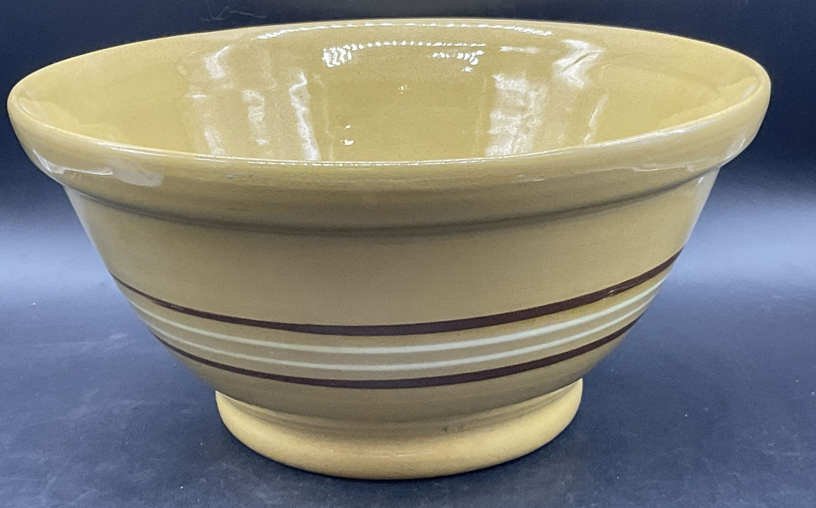 Vintage Banded Yellowware Pottery Bowl, 12.5W inch (1 of 9)