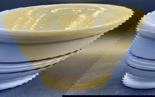 Vintage Banded Yellowware Pottery Bowl, 12.5W inch: Vintage Banded Yellowware Pottery Bowl. Yellow, white, and brown hues to the piece. Measures approx. 6H x 12.5W in. Cracking, crazing, discoloration, and chipping present. home decor, home accents, ho