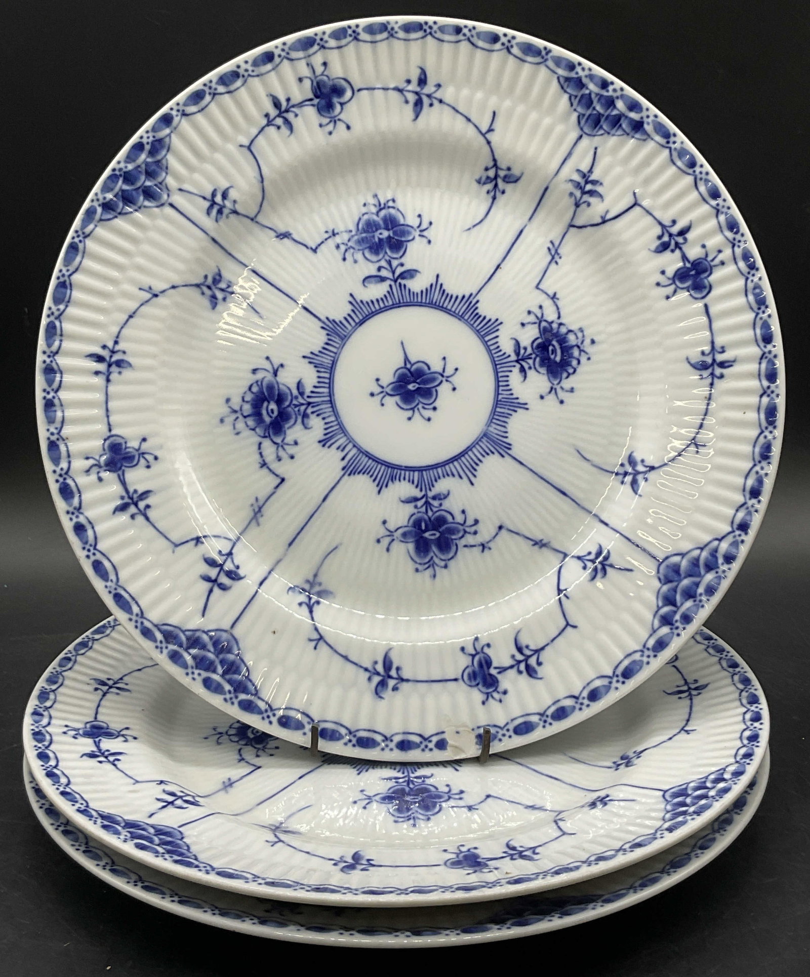 Set 3 L & M BLUE FJORD Vintage Porcelain Plates: Set of 3 L & M BLUE FJORD Vintage Blue and White Porcelain Plates. Undersides marked L & M BLUE FJORD. Measures approx. 10.25L x 10.25W in. Chipping, surface wear, and discoloration present. home deco