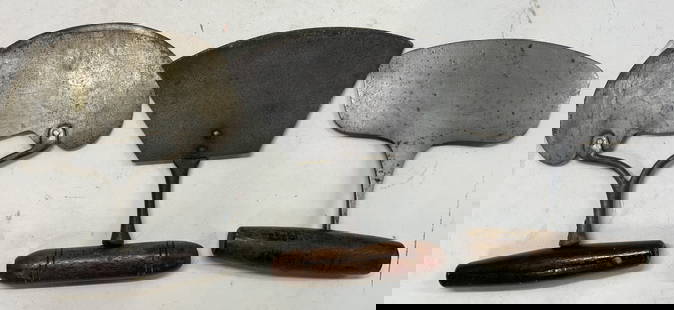 Lot 3+ Antq Wooden & Metal Choppers LANDERS: Lot 3+ Antq Wooden & Metal Choppers LANDERS Choppers feature a curved blade with wooden handles. One chopper reads LANDERS FRANK & CLARK. Surface wear consistent to age, use & exposure. Measurements: