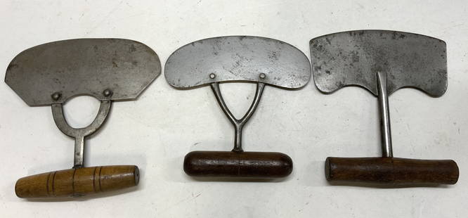 Lot 3+ Antq Wooden & Metal Chopping Tools: Lot 3+ Antq Wooden & Metal Chopping Tools Choppers feature a curved blade with wooden handles. One chopper has partial readings, appears to read R.R. Surface wear consistent to age, use & exposure. Me