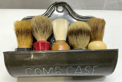 Vntg Metal Wall Comb Case W Shaving Brushes