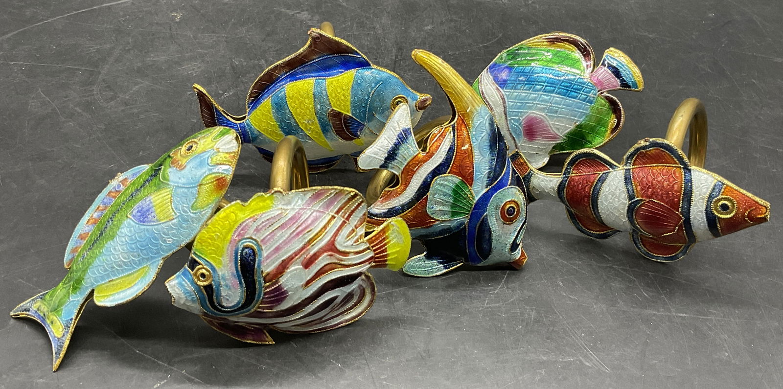 6 Multicolored Enamel Fish Figural Napkin Rings (1 of 8)
