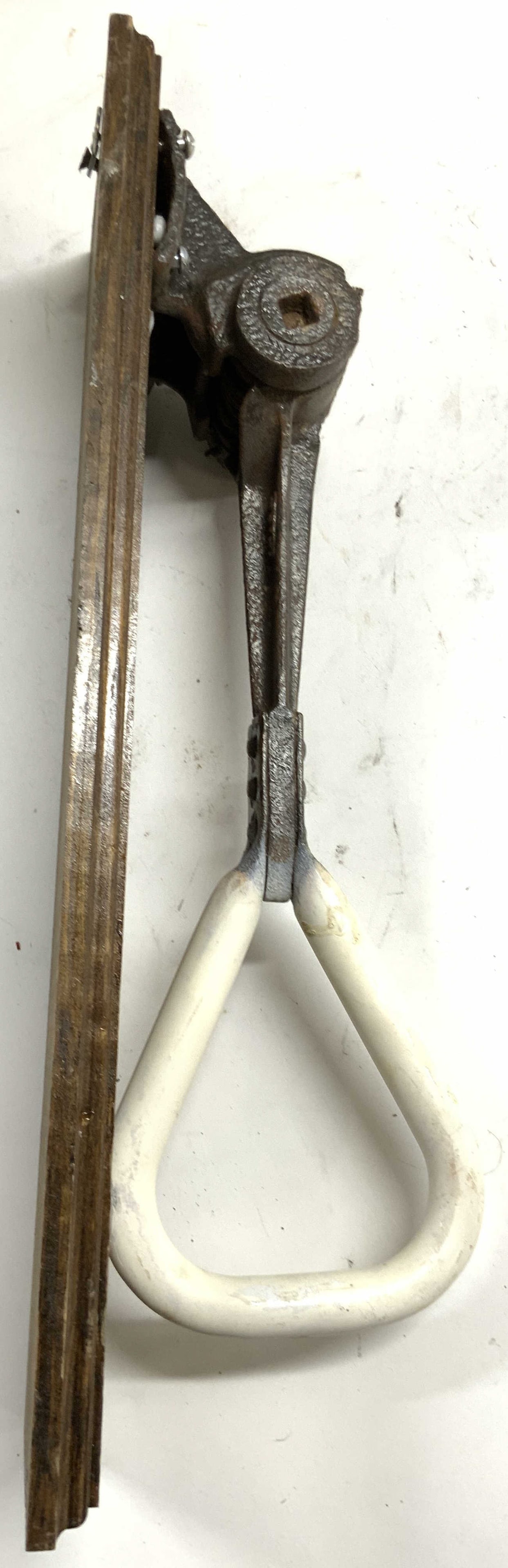 Atq Straphanger From NY Subway Car Mounted On Wood: Plaque reads STRAPHANGER FROM OLD NEW YORK SUBWAY CARS. Subway car hanger strap is mounted on brown toned wooden board. Appears to be iron. Top of piece reads RICO TYPE 16A. Piece measures approximate