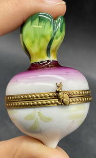 LIMOGES FRANCE Hand Painted Turnip Trinket Box: LIMOGES FRANCE Hand Painted Porcelain Turnip / Radish Trinket Box. Gold tone metal hinge hardware to the piece. Rabbit figural to the hardware. Interior is signed LIMOGES FRANCE, PEINT MAIN, PV. Measu