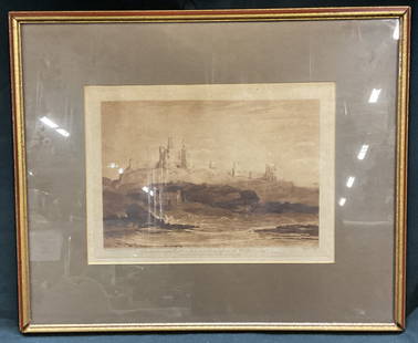 JMW Turner & C. Turner, Castle Etching, 1808: Framed antique etching. Designed and etched by Joseph Mallord William Turner and Engraved by Charles Turner. Published 1808. Dunstanborough Castle from Liber Studiorium. Etching with aquatint. Gilt wo