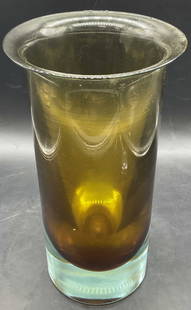 Vintage Murano Sommerso Style Art Glass Vase: Vintage Murano Sommerso Style Art Glass Vase. Cylindrical with a flared rim. Amber and turquoise blue hues to the piece. Thick walled and weighty. Measures approx. 11.5H x 6W in. Chipping, surface wea
