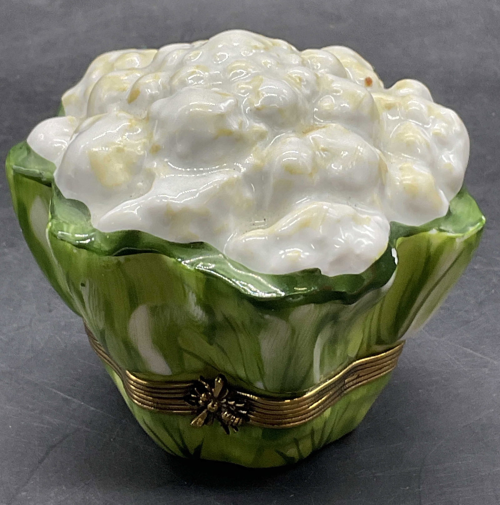 LIMOGES FRANCE Hand Paint Cauliflower Trinket Box: LIMOGES FRANCE Hand Painted Porcelain Cauliflower Trinket Box. Gold tone metal hinge hardware to the piece. Insect motif to the hardware. Underside is signed LIMOGES FRANCE, PEINT MAIN CHAUART. Measur